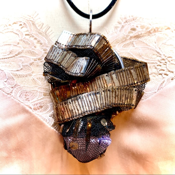 Vintage Rose Quartz & Black Mesh Handmade One Of A Kind Boho Festival Necklace - Picture 2 of 7